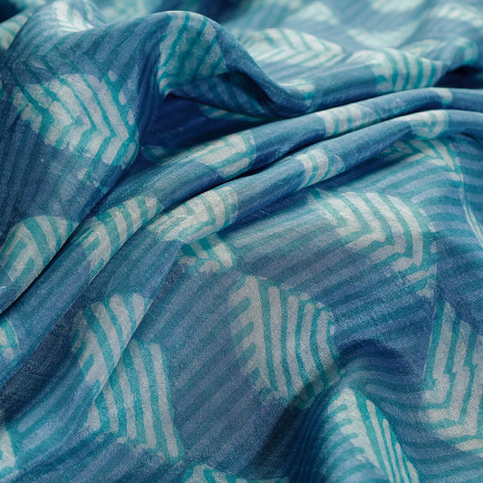 Sky Blue - Mulberry Tussar Silk Akola Hand Block Printed Fabric