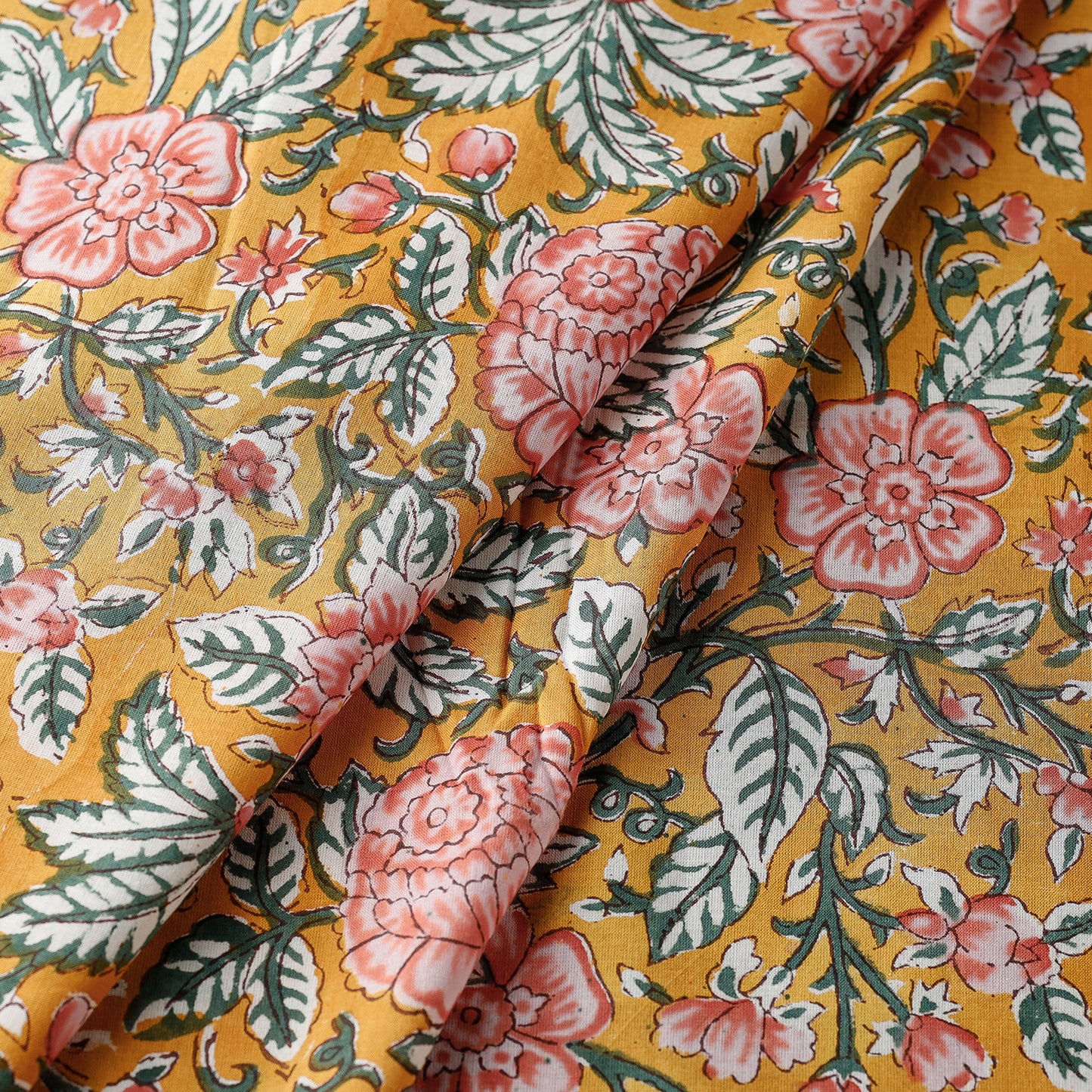 Amber Yellow Sanganeri Block Printed Cotton Fabric