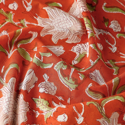 Orange Floral Jaal Sanganeri Block Printed Cotton Fabric