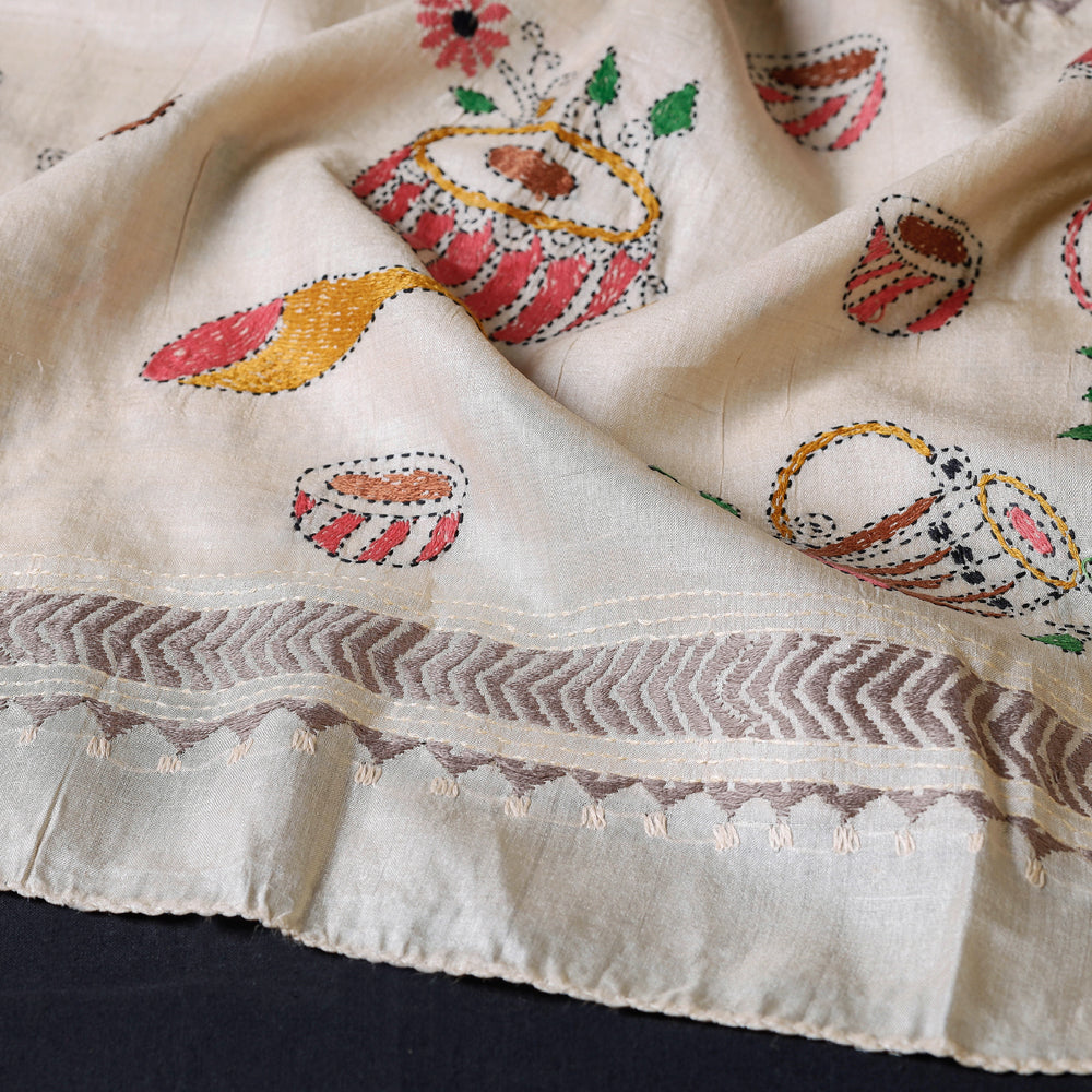 Beige - Bengal Kantha Embroidered Tussar Silk Handloom Stole