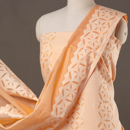 Peach - Barmer Applique Cut Work Cotton 3pc Suit Material Set