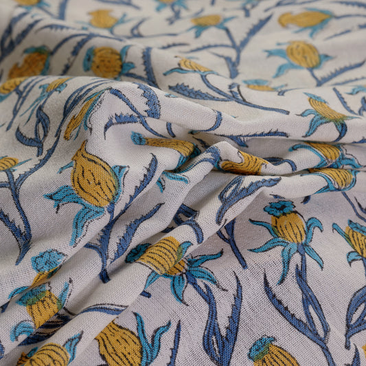 White - Pineapple Jaal Sanganeri Block Printing Handwoven Kutch Woolen Fabric
