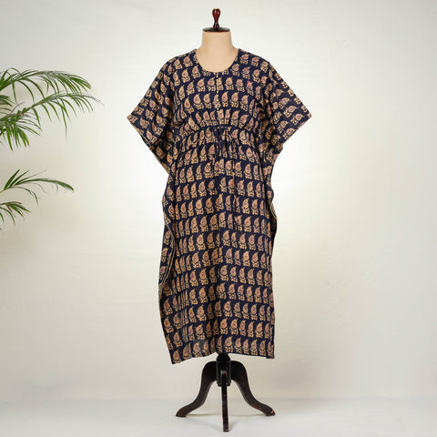 Purple - Hand Batik Printed Cotton Kaftan with Tie-Up Waist (Long)