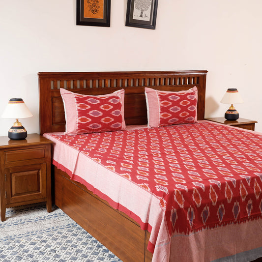 Red - Pochampally Ikat Weave Cotton Double Bedcover with Pillow Covers (106 x 88 in)