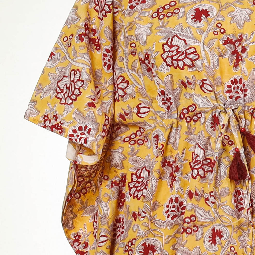 Yellow - Sanganeri Block Printed Cotton Kaftan with Tie-Up Waist (Long)