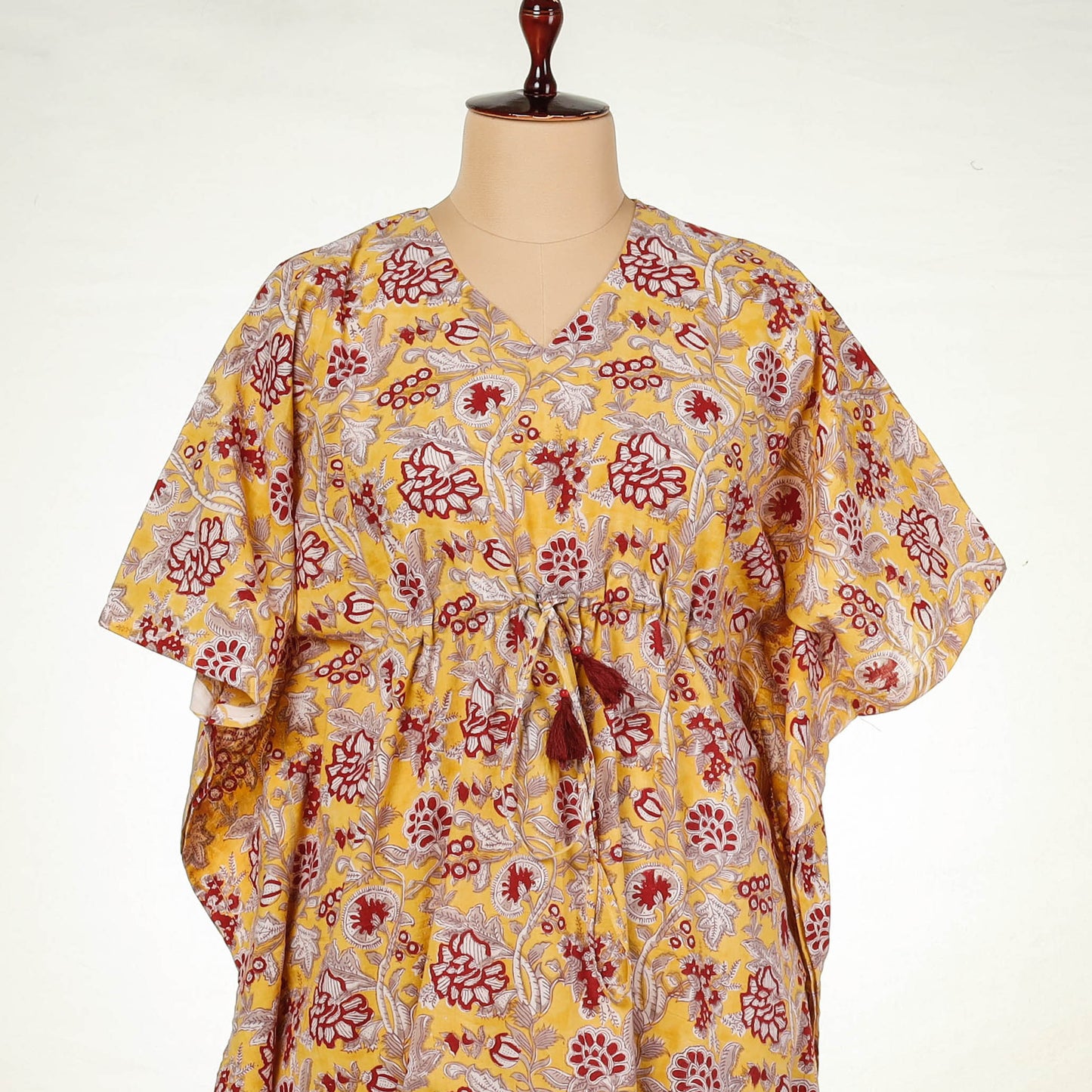 Yellow - Sanganeri Block Printed Cotton Kaftan with Tie-Up Waist (Long)