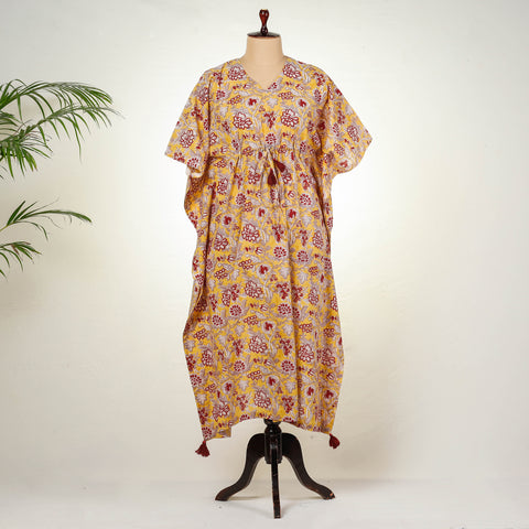 Yellow - Sanganeri Block Printed Cotton Kaftan with Tie-Up Waist (Long)