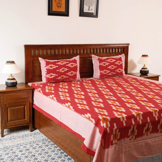 Red - Pochampally Ikat Weave Cotton Double Bedcover with Pillow Covers (106 x 88 in)