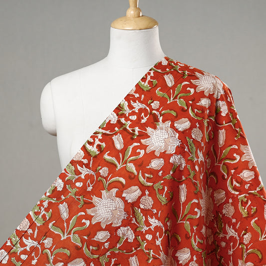 Orange Floral Jaal Sanganeri Block Printed Cotton Fabric