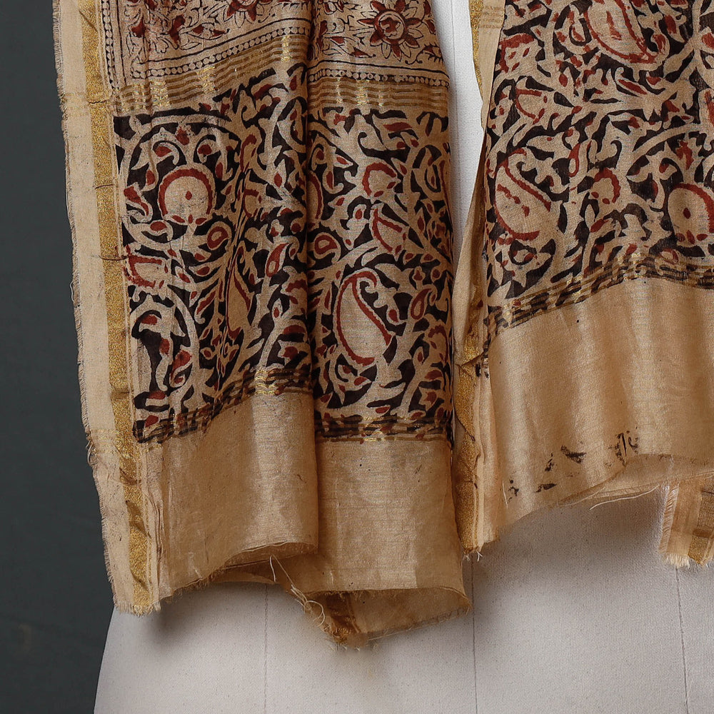 Black - Pedana Kalamkari Block Printing Chanderi Silk Stole with Zari Border