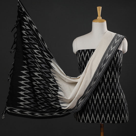 Black - 3pc Pochampally Ikat Weave Cotton Suit Material Set
