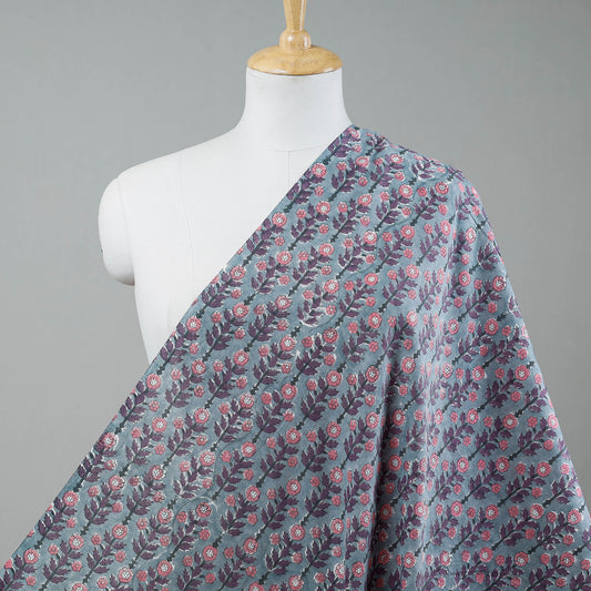 Oxford Grey Floral Sanganeri Block Printing Cotton Fabric