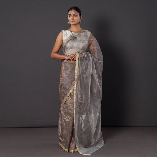 Grey - Traditional Chanderi Silk Tissue Zari Handloom Saree