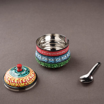 Odisha Pattachitra Handpainted Stainless Steel Ghee Pot with Spoon (250ml)