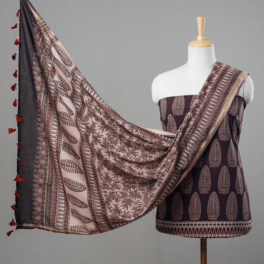 Brown - 3pc Ajrakh Block Printed Cotton Suit Material Set