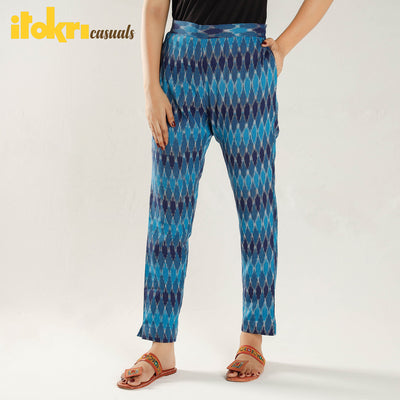 Blue - Pochampally Ikat Cotton Tapered Casual Pant for Women