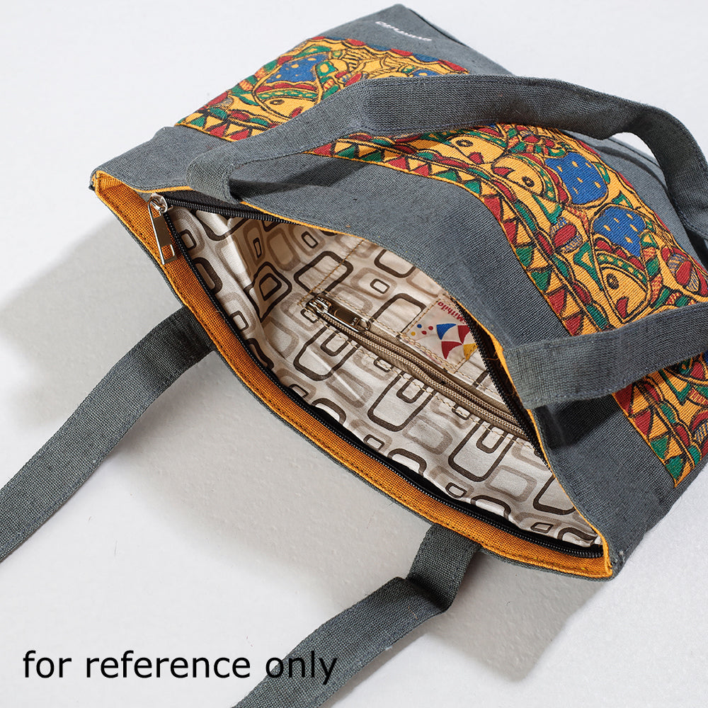 Grey - Madhubani Handpainted Jute Cotton Shoulder Bag