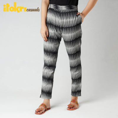 Grey - Pochampally Ikat Cotton Tapered Casual Pant for Women
