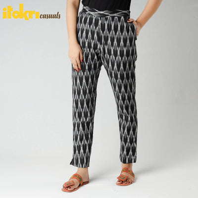 Black - Pochampally Ikat Cotton Tapered Casual Pant for Women
