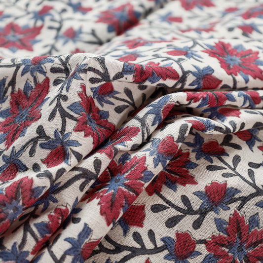 White - Red Star Jaal Sanganeri Block Printed Handwoven Kutch Woolen Fabric