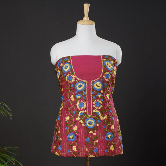 Pink - Ranihati Chanderi Silk Chapa Work Tagai Phulkari Embroidery Unstitched Kurti Material (2.4 M)