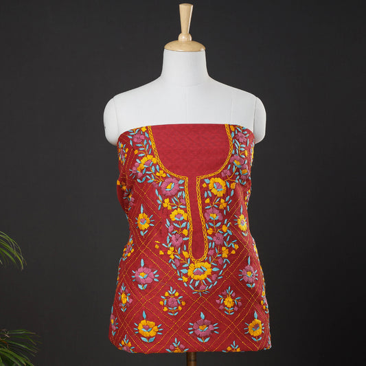 Red - Ranihati Chanderi Silk Chapa Work Tagai Phulkari Embroidery Unstitched Kurti Material (2.5 M)