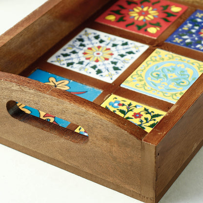 Wooden Serving Tray with Blue Pottery Ceramic Tiles (11 x 8 in)