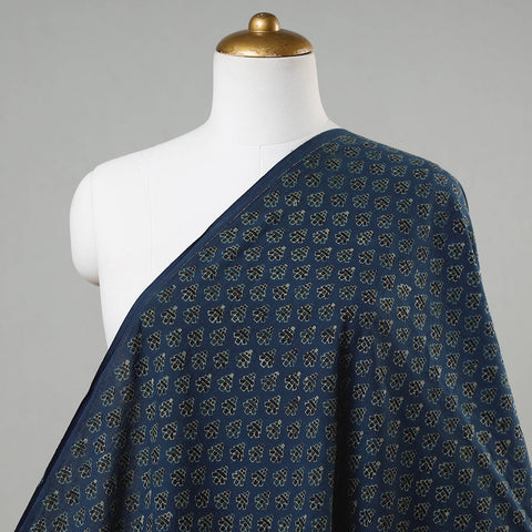 Blue - Motifs On Indigo Ajrakh Hand Block Printed Cotton Fabric