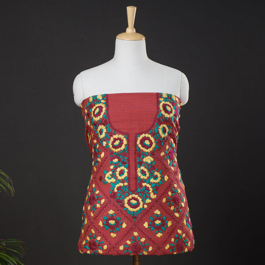 Red - Ranihati Chanderi Silk Chapa Work Tagai Phulkari Embroidery Unstitched Kurti Material (2.35 M)