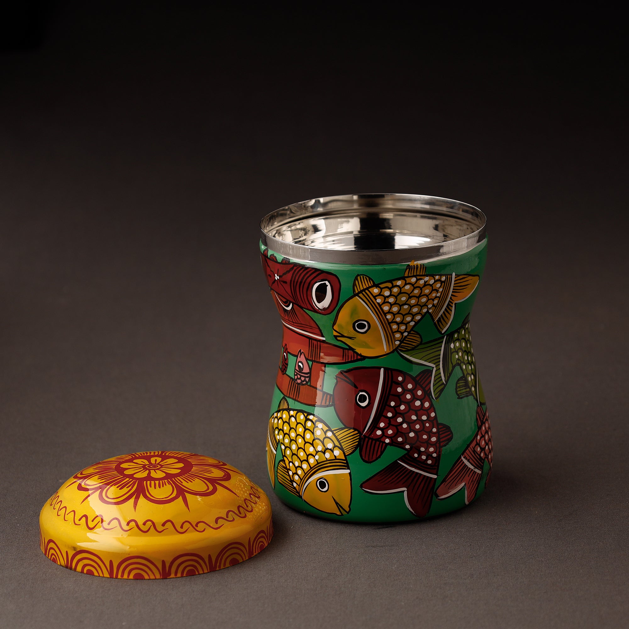 Multicolor Bengal Patua Handpainted Stainless Steel Multi Utility Canister