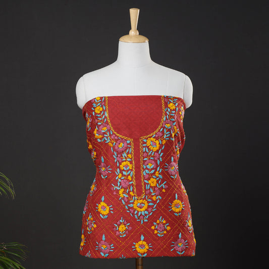 Red - Ranihati Chanderi Silk Chapa Work Tagai Phulkari Embroidery Unstitched Kurti Material (2.45 M)
