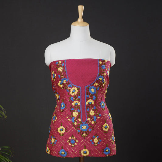 Pink - Ranihati Chanderi Silk Chapa Work Tagai Phulkari Embroidery Unstitched Kurti  Material (2.4 M)