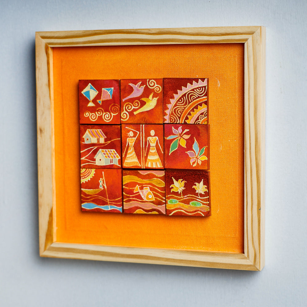  Miniature Handpainted Pine Wood Magnetic 9 Blocks Painting 