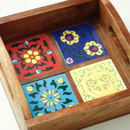 Wooden Serving Tray with Blue Pottery Ceramic Tiles (8 x 8 in)