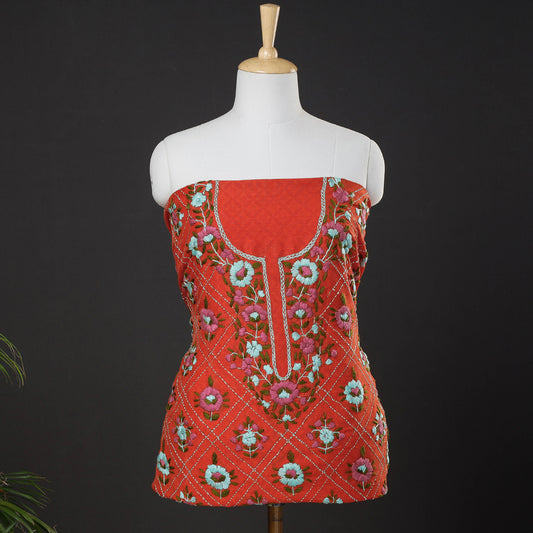 Orange - Ranihati Chanderi Silk Chapa Work Tagai Phulkari Embroidery Unstitched Kurti Material (2.4 M)