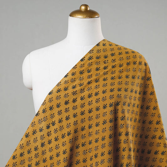 Medallion Yellow Ajrakh Hand Block Printed Cotton Fabric