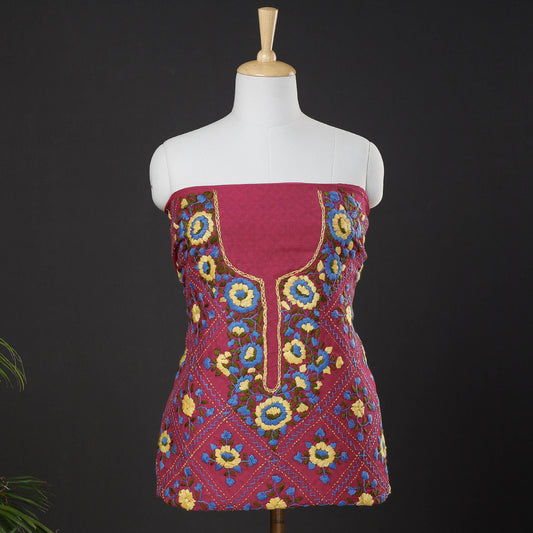 Pink - Ranihati Chanderi Silk Chapa Work Tagai Phulkari Embroidery Unstitched Kurti Material (2.45 M)