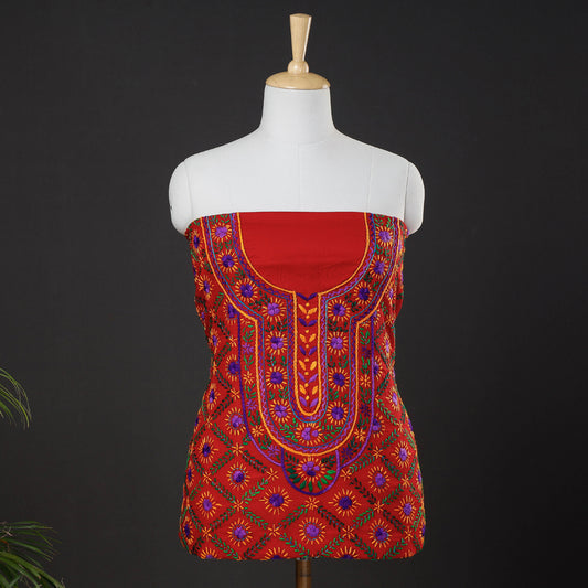 Red - Ranihati Cotton Chapa Work Tagai Phulkari Embroidered Unstitched Kurti Material (2.3 M)
