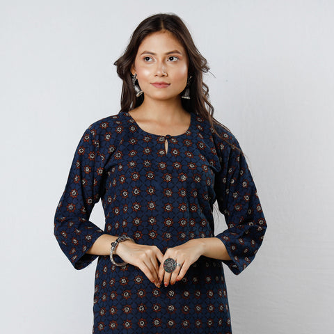 Blue - Ajrakh Block Printed Cotton Straight Kurta 01