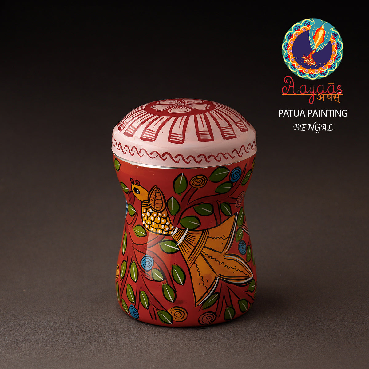 Red Bengal Patua Handpainted Stainless Steel Multi Utility Canister