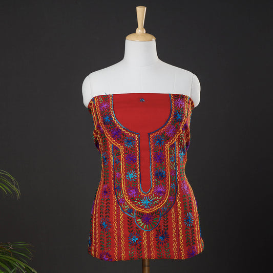 Red - Ranihati Cotton Chapa Work Tagai Phulkari Embroidered Unstitched Kurti Material (2.4 M)