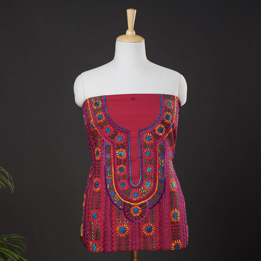 Pink - Ranihati Cotton Chapa Work Tagai Phulkari Embroidered Unstitched Kurti Material (2.4 M)