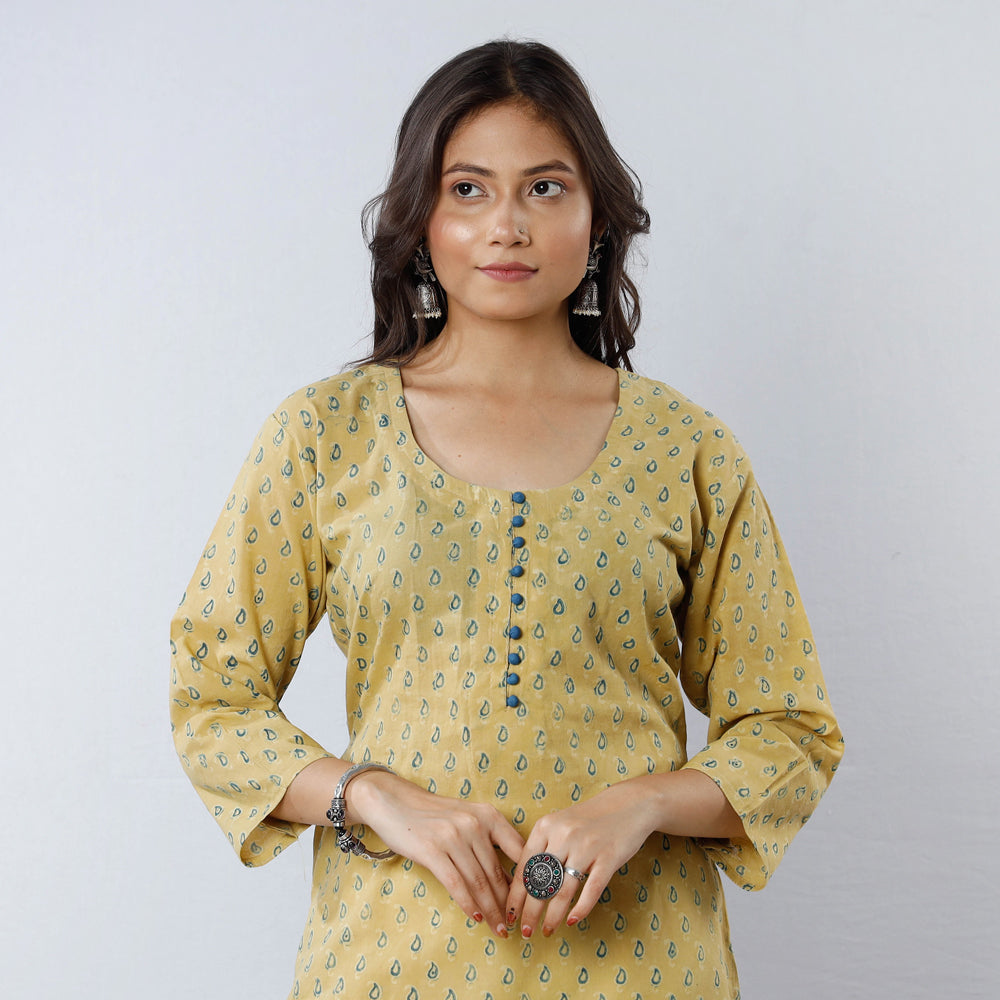 Light Yellow Ajrakh Block Printing Long Kurta