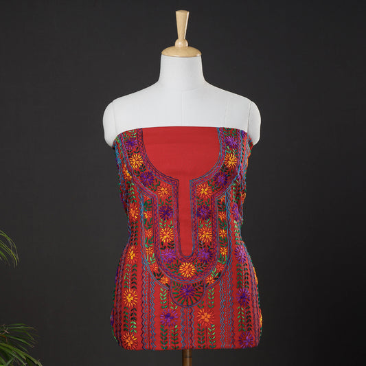Red - Ranihati Cotton Chapa Work Tagai Phulkari Embroidered Unstitched Kurti Material (2.4 M)