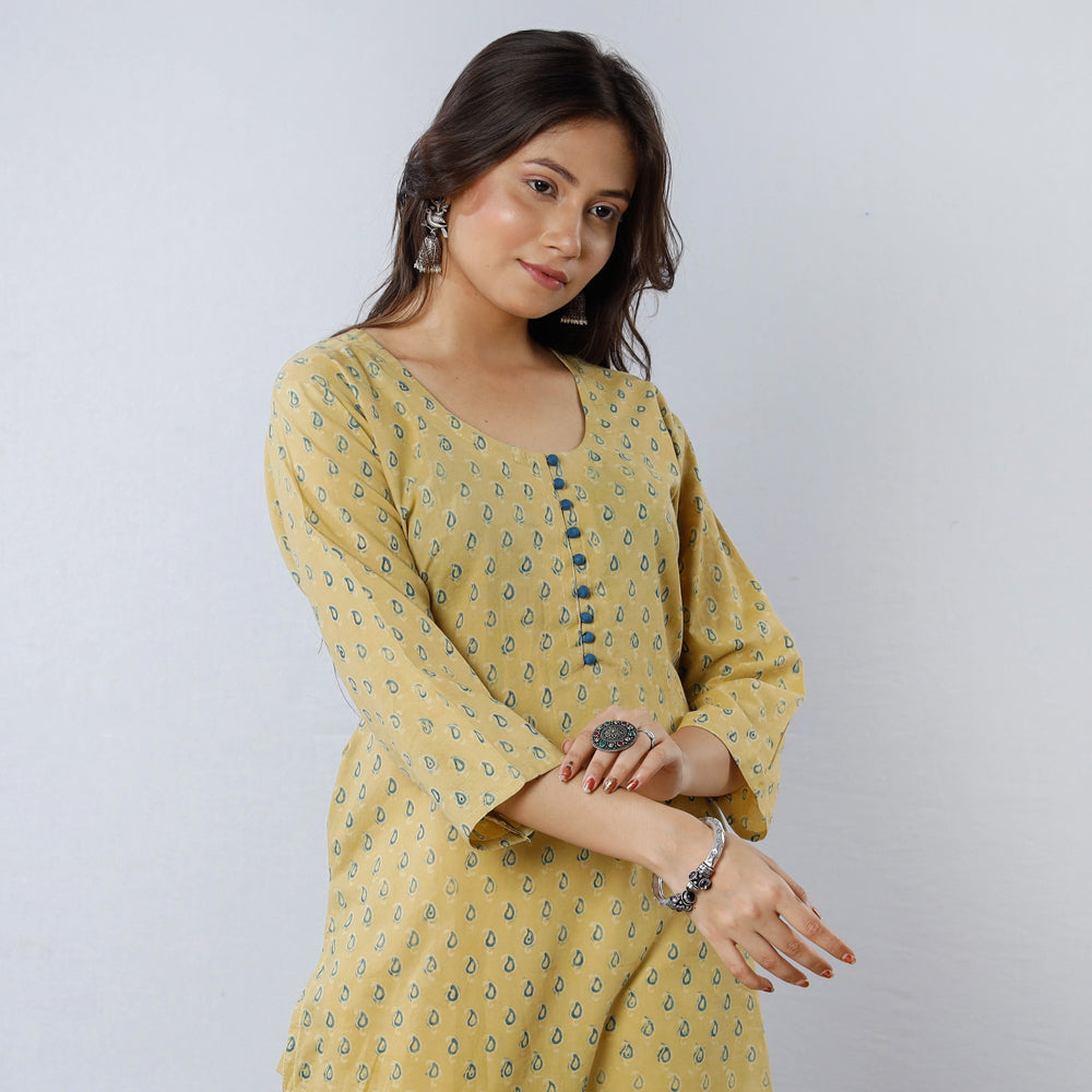 Light Yellow Ajrakh Block Printing Long Kurta