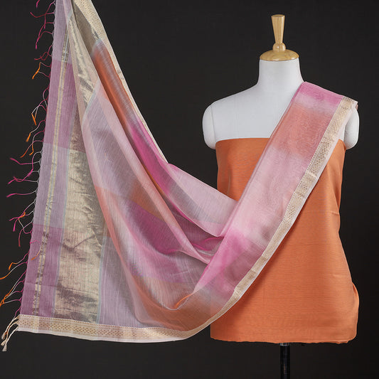 Orange - 2pc Maheshwari Silk Handloom Suit Material with Maheshwari Silk Handloom Zari Work Dupatta