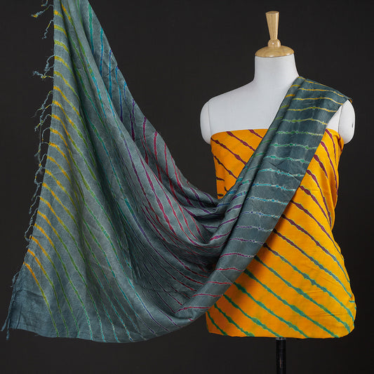 Yellow - 2pc Leheriya Tie-Dye Chanderi Silk Suit Material with Leheriya Tie-Dye Tussar Silk Handloom Dupatta