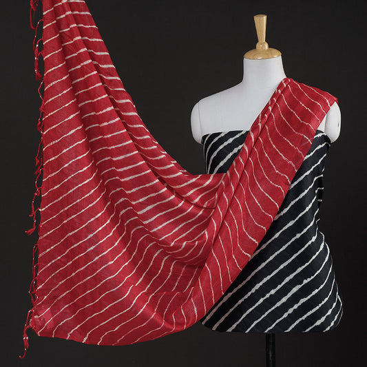 Black - 2pc Leheriya Tie-Dye Chanderi Silk Suit Material with Leheriya Tie-Dye Tussar Silk Handloom Dupatta