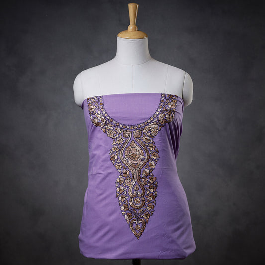 Purple - Kashidakari Hand Embroidery Pure Cotton Kurti Material - 2.7 meter