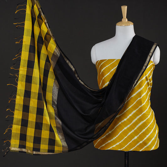 Yellow - 2pc Leheriya Tie-Dye Chanderi Silk Suit Material with Maheshwari Silk Handloom Checks Zari Work Dupatta